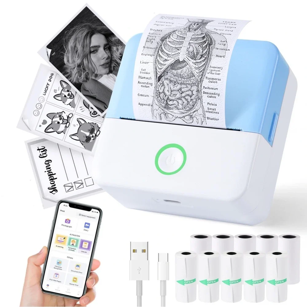 Compact Blue and White Portable Printer